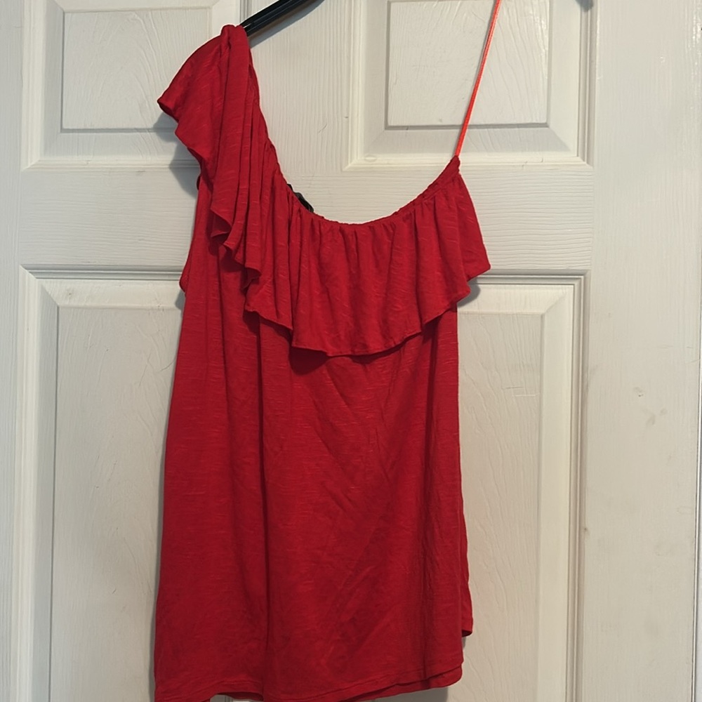 RXB Red One Shoulder Ruffle Top Size Medium - Picture 8 of 8